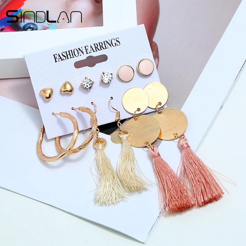 

Sindlan 6 Pairs Round Tassel Dangle Earrings for Women Korean Small Earrings Fashion Brincos Jewelry Female Boho Earrings Set