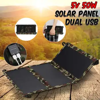 

Portable 50W Solar Panel 5V Folding Foldable Waterproof Charger Mobile Power Bank for Phone Battery Dual USB Port