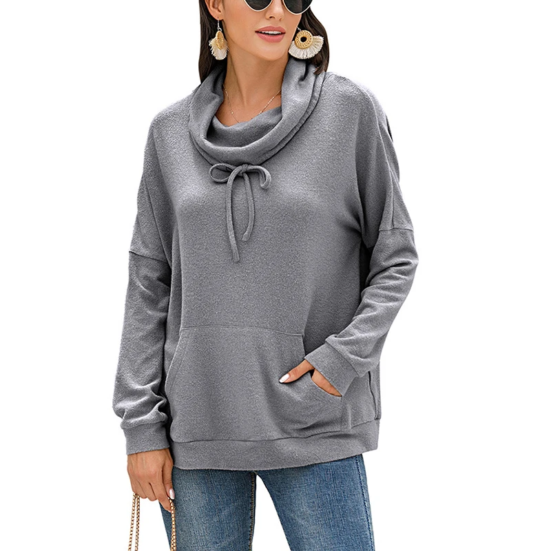 

Scarf Collar Fleece Sweatshirt Solid Pockets Pullover Tops Elegant Long Sleeve Hoodies Women Autumn Winter Female Clothes 2020
