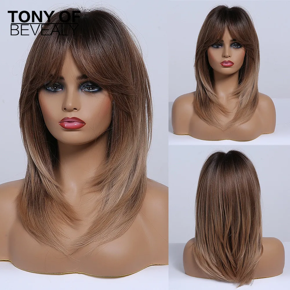Sintéticas de Comprimento Ombre com Franja para Mulheres Resistentes ao Calor Perucas Médio Castanho Vermelho Naturais Ondulado Lolita Bonito Cosplay Cabelo 17 ombre com franja para mulheres naturais ondulado