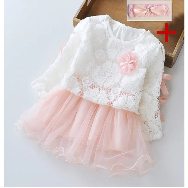 Платье для маленьких девочек, новое осеннее детское кружевное пальто с длинными рукавами+ платье в сеточку, 2 комплекта детской одежды для малышей 0-3 лет - Цвет: pink  headwear