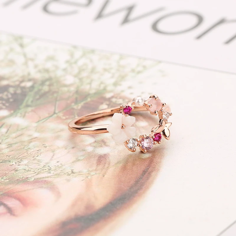 Модные романтические бабочки цветок кольцо Хрустальные Обручальные кольца для женщин розовое золото циркон изысканное кольцо ювелирные изделия девушки подарки
