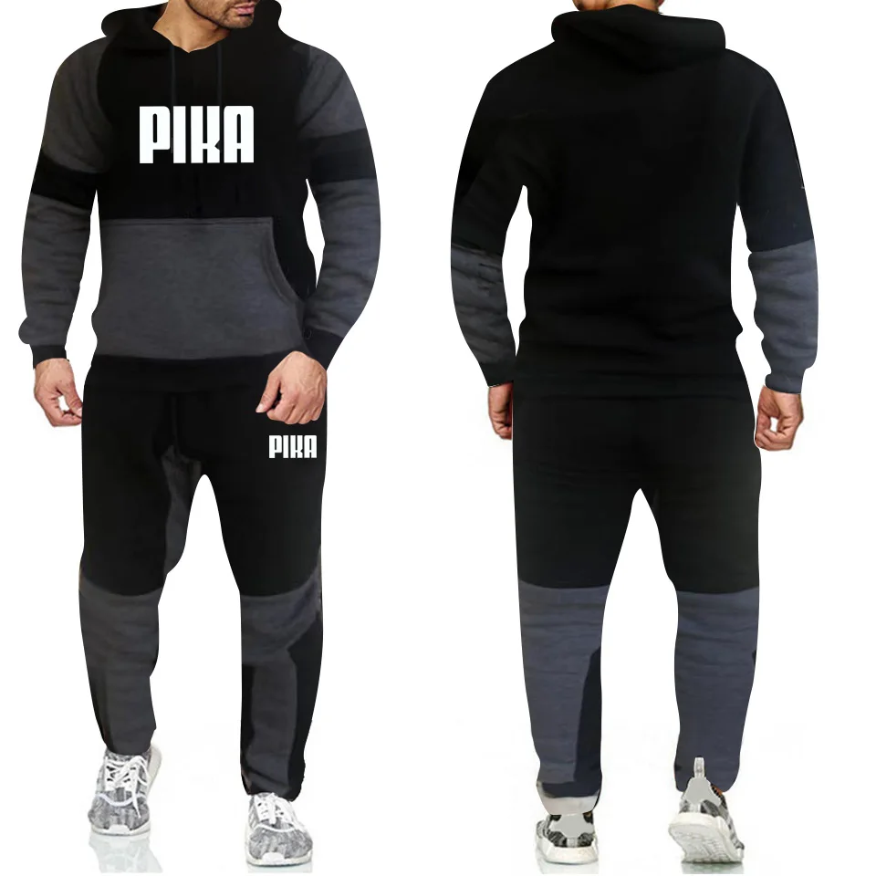 

High quality hot sale men's hooded letter print stitching sweatshirt + pants pullover autumn and winter sportswear casual jack