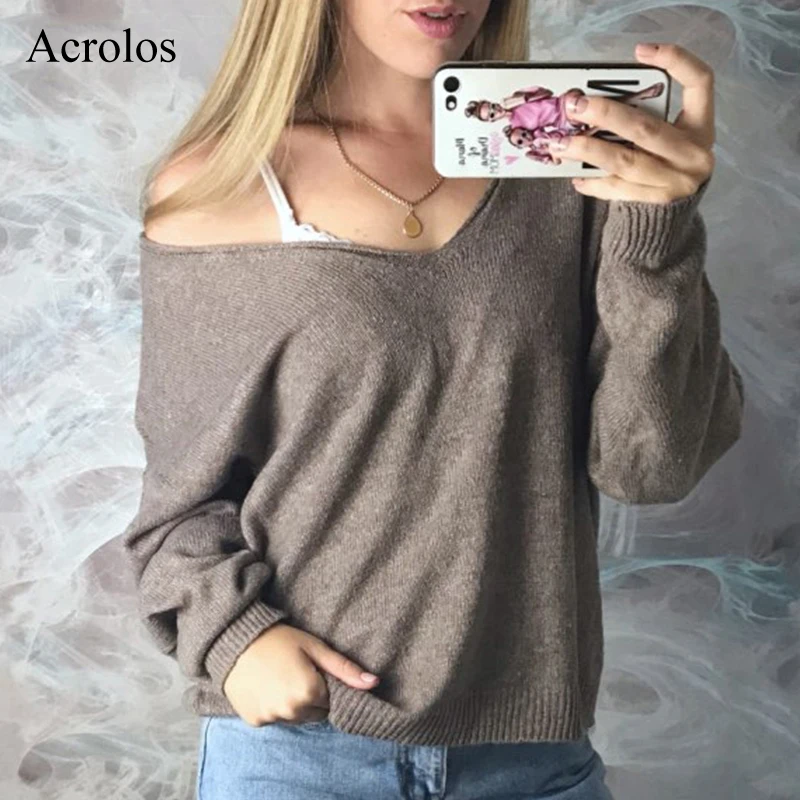 Autumn V-Neck Sexy Knitted Sweater Women Plus Size Pullovers Female Pullover Winter Loose Sweaters Oversize 2XL | Женская одежда