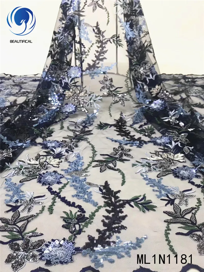 

Beautifical african lace fabrics Latest design embroidery sequins tulle lace fabric for dress 5yards nigerian fabric ML1N1181