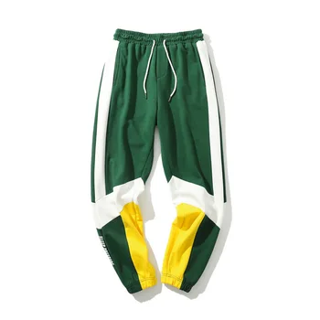 

Four seasons cotton wild tide brand pocket patch elastic waist tooling color matching loose straight pants men's casual trousers