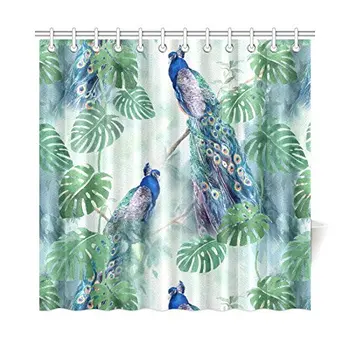 

Peacock with Palm Tree Leaves Painting Waterproof Shower Curtain Decor Fabric Bathroom Set with Hooks, 72(Wide) x 72(Height)