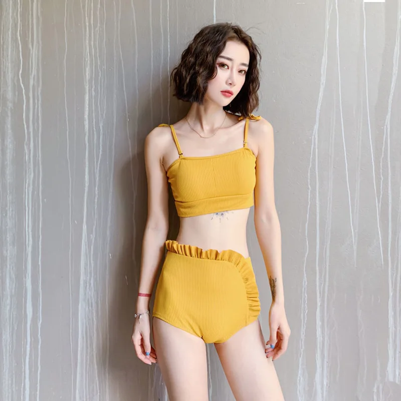 

Japanese Korean New Style Tour Bathing Suit Women's Belly Covering Slimming Retro High-waisted Sexy Camisole Two-piece Swimsuits