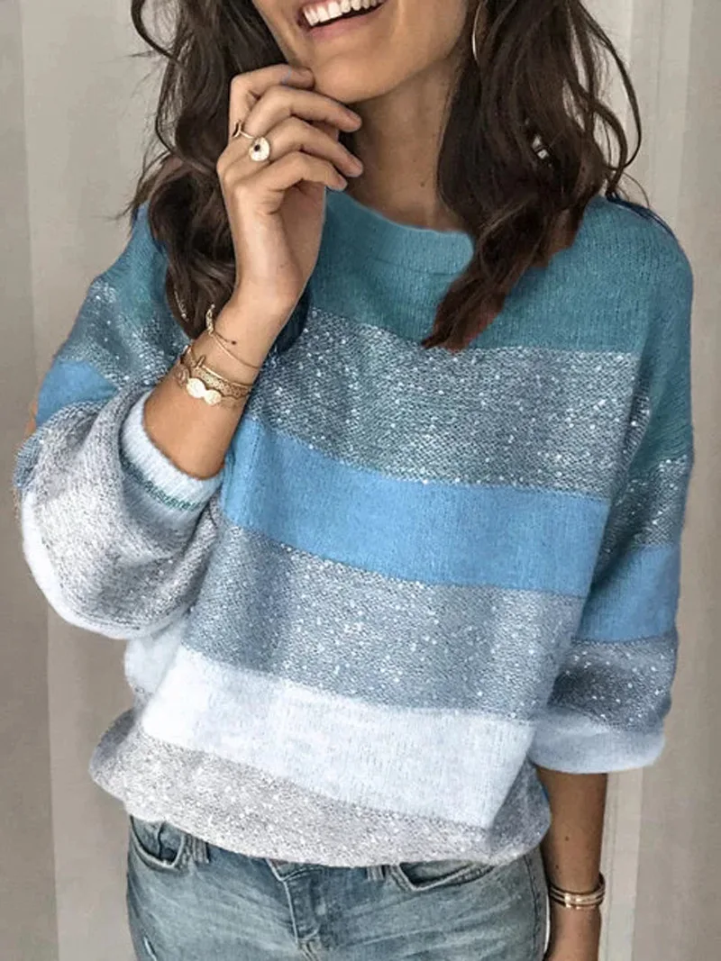 Plus Size Loose Casual Knit Sweater Women Autumn Female Pullover Long Sleeve Striped Knitted Sweaters Femme Elegant Clothes