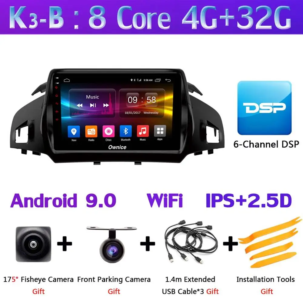 Панорамная камера 360 ° 4G SIM WiFi Android 9,0 4G+ 64G SPDIF DSP CarPlay Автомобильный плеер для Ford Kuga 2013- C-Max gps радио - Цвет: K3-B