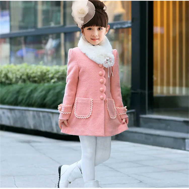 Kids Children girls woolen jacket pink thick big fur collar woolen coat princesses kids autumn winter wedding party clothes
