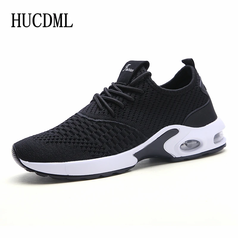 HUCDML новые воздушные подушки подошвы из ПУ кроссовки мужские Flyknit мужская обувь повседневная Tenis Masculino Adulto поддержка прямой доставки - Цвет: Black White