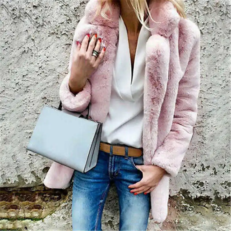 Меховое пальто, женская куртка с длинными рукавами, длинное зимнее пальто из искусственного меха, пушистое теплое Женское пальто - Цвет: Розовый