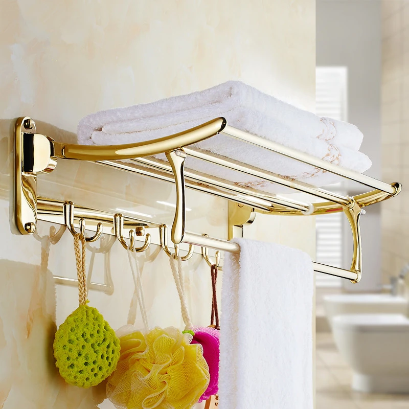 Bathroom Home Accessory  Gold Wall Mounted Towel Rack Rail Holder Storage Shelf 