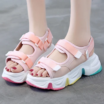 

Summer New Women Sandals Convenient Velcro Solid Color Cutout Open Toe Rainbow Thick Bottom Increase Casual Women Sandals