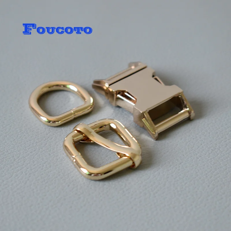 

20 sets gold metal buckles D rings adjusters buckle slide buckle hardware 15mm webbing straps DIY dog collar sewing accessories