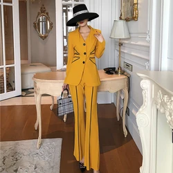 Mulheres de negócios amarelo fino blazer 2 peça conjunto único breasted blazer + cintura alta calças alargadas elegante senhora ternos roupas