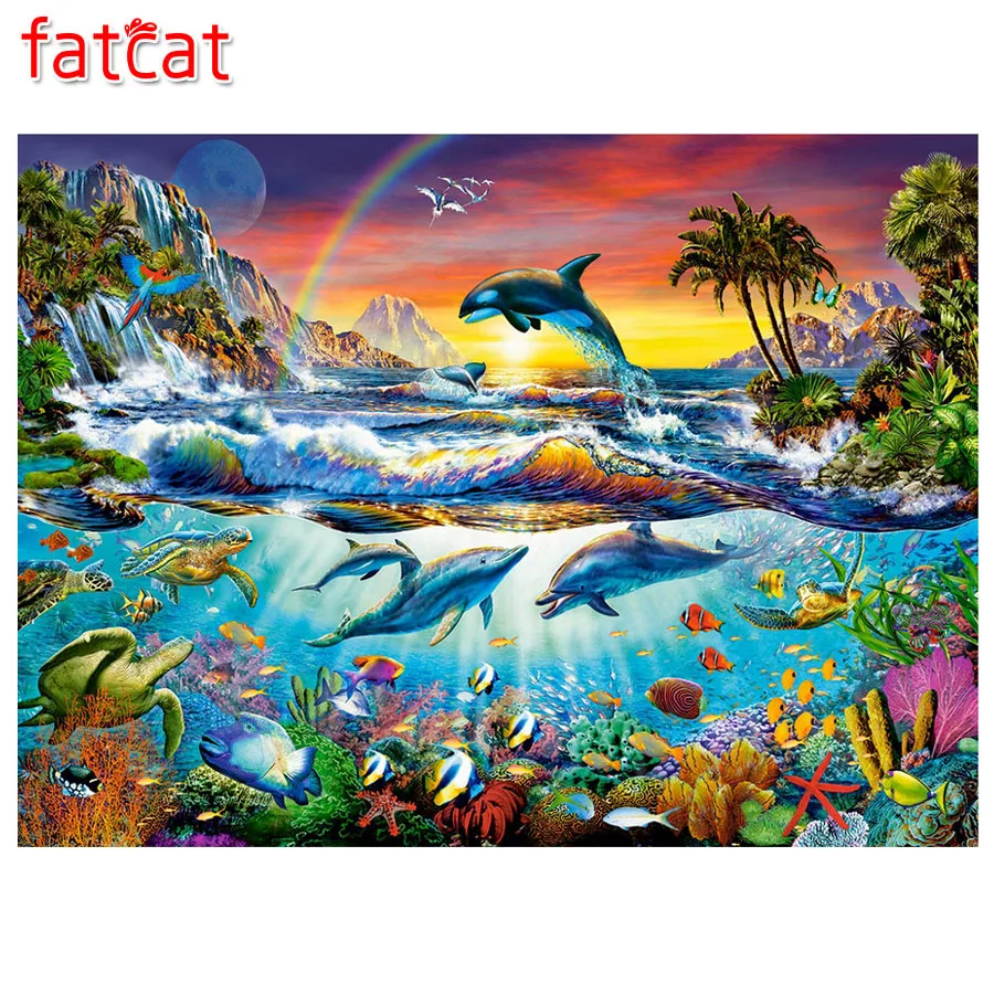 

FATCAT 5d diy Diamond Painting Rainbow Dolphin Diamond Embroidery animal cute pet Full Square Round Mosaic stickers decor AE505