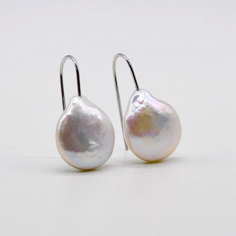 Short pearl earrings. Natural white coin baroque pearl. 925 sterling silver hook. Women's pearl earrings, simple style