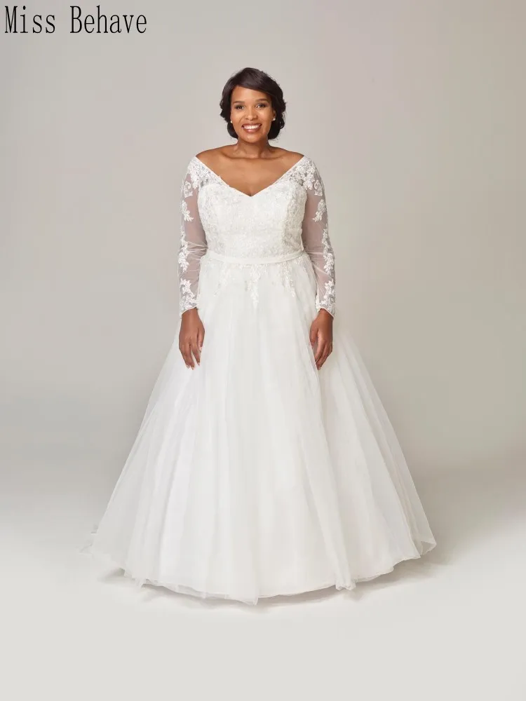 

DD JYOY African 2020 Wedding Dress Plus Size Elegant V Neck Long Sleeve Wedding Gown Bridal Zipper Back with Train Simple Lace