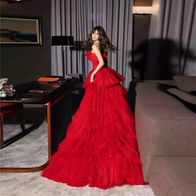 High Low Strapless Red Tulle Long Prom Dresses with Train, Red