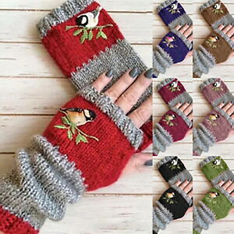 

Women Birds Embroidery Gloves Knitted Fingerless Plus Velvet Color Block Splice Mittens Womens Gloves Winter Accessories