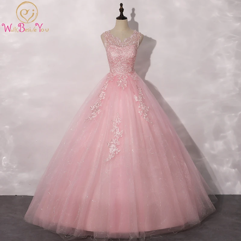 Walk Beside You Ball Gown Pink Quinceanea Dress 2023 Long Sleeveless Sequined Lace Applique vestidos de 15 anos 2020 robe de bal