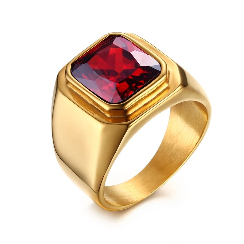 Vnox, повседневное мужское кольцо, красный камень CZ, квадратный верх, нержавеющая сталь, золотой цвет, повседневные мужские ювелирные изделия, размер - Цвет основного камня: Gold Color
