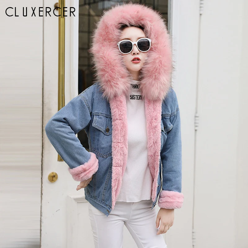 

With Fur Trim Hood Cotton Liner Long Denim Jackets Women Winter Hardy Warm Denim Coats Female Jackets Loose Outerwear