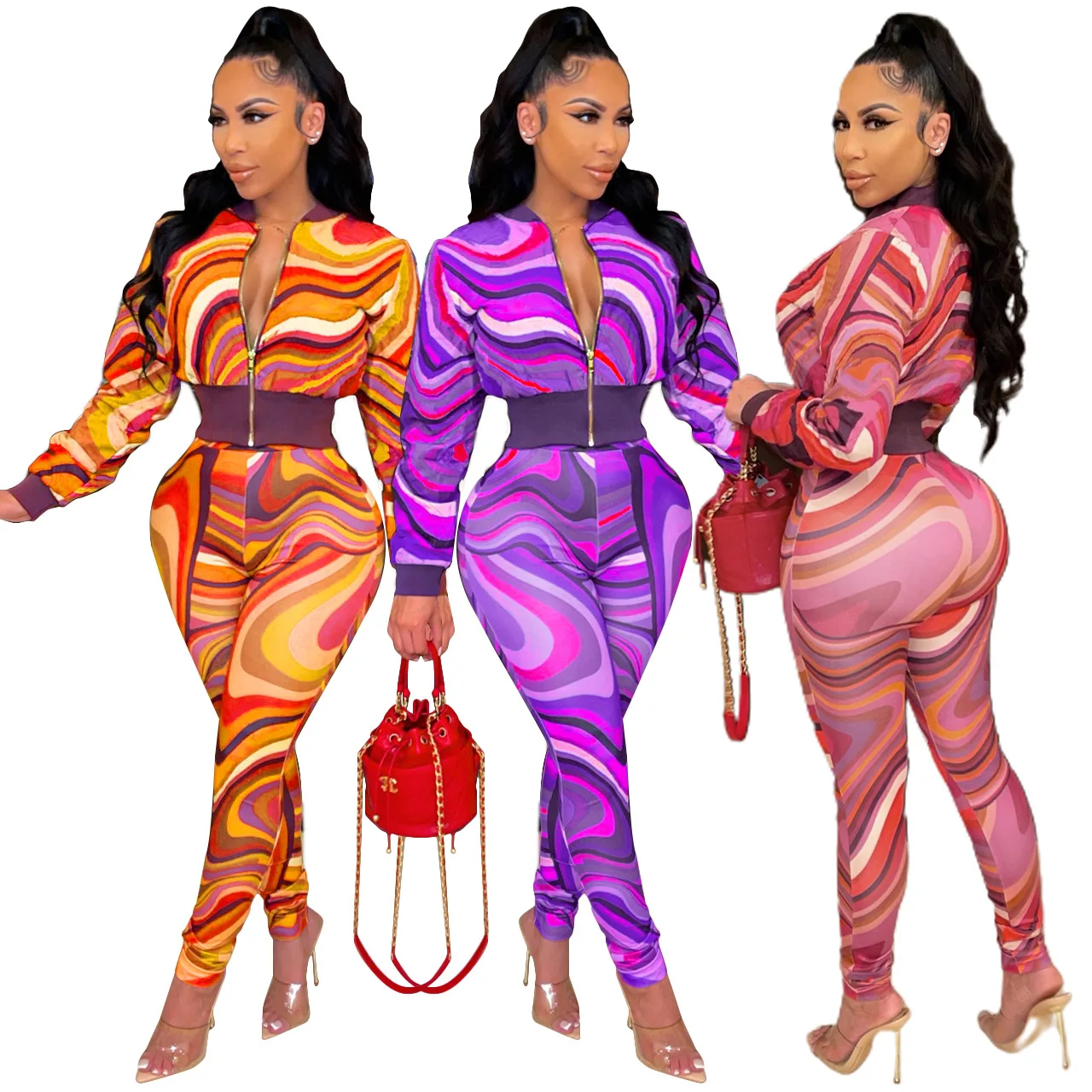 

Women Pants Set Print Zip Crop Jacket and Skinny Pants Two 2 Piece Sets Female Fashion Outfits Casualwear Autumn 2021