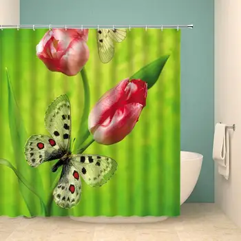 

Flower Shower Curtain Set Unopened Flower Butterfly Spring Theme Home Bathroom Decoration 70×70 Inch with Hook Hole