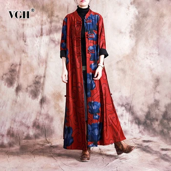 

VGH Vintage Print Women's Windbreaker O Neck Three Quarter Sleeve Large Size Casual Long Coat Female 2020 Autumn Fashion Clothes