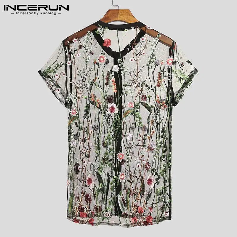 Fashion Men Mesh Shirts Embroidered Short Sleeve Sexy See Through Tops Button Breathable Party Nightclub Shirts INCERUN 5XL