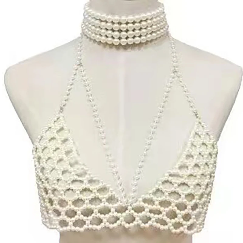 

Stronger Pearl Bra Vest Set Handmade Bead Body Chain Neckchain Sexy Shoulder Chain Accessories for Women Jewelry