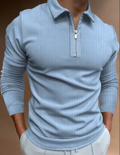 2021 Autumn Streetwear Men Fashion Long Sleeve Polo Shirts Casual Loose Turn-down Collar Zipper Tops Men Slim Polo Shirts Light blue
