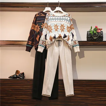 

2019 Fall Winter Sweater Pants Set Large Size Printed Knitted Loose Pullovers Two Piece Set + Elastic Waist Woolen Trousers Suit