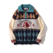 

Japanese retro sweater 2021 autumn winter color blocking plaid men women loose lovers lazy style polo collar sweater tide grunge