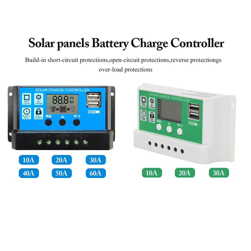 60A/50A/40A/30A/20A/10A 12V 24V Авто за максимальной точкой мощности, Солнечный контроллер заряда ШИМ-контроллеры ЖК-дисплей Dual USB 5V Выход обжимной