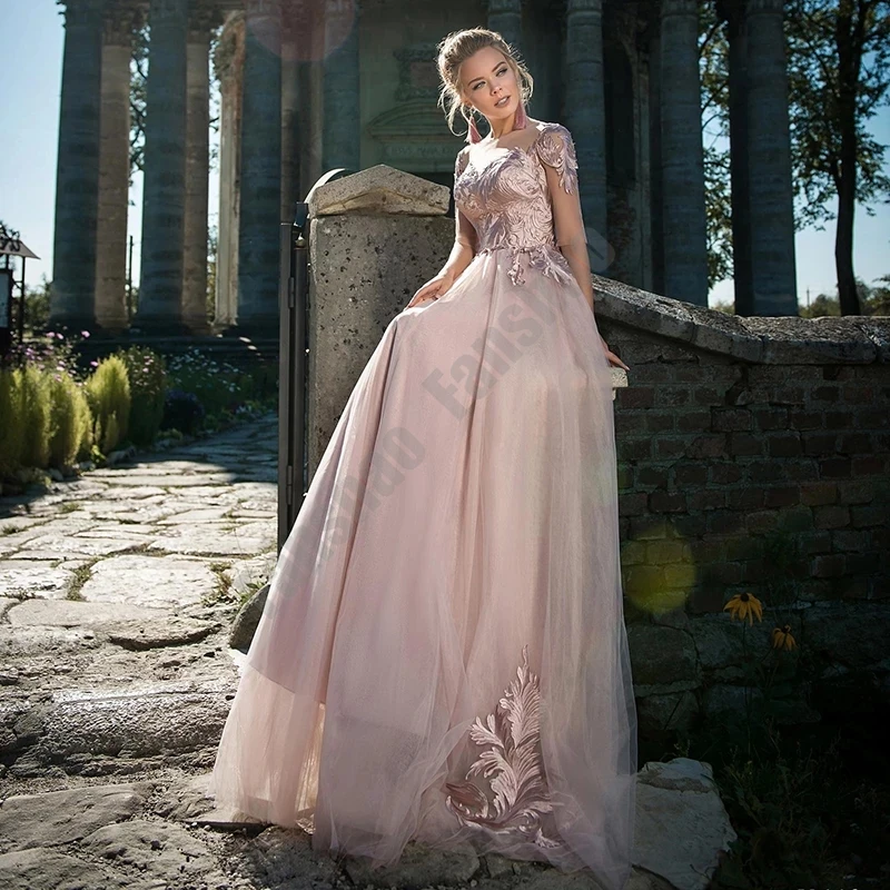 Formal Pink Graduaton Dresses A-Line Illusion O Neck Half Sleeve Stunning Vestido Gown Appliques Tulle Charming Robe De Soiree |