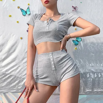 

Summer short sleeve exposed navel short pajamas set Women Girls Fashion Solid Button Short Sleeve Shorts HomeWear PajamasSuit #1