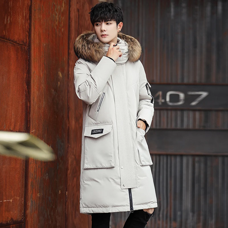 off white jacket Мужская модная зимняя куртка-пуховик с большим меховым воротником, белое пуховое пальто на утином пуху, 3 цвета, стильная мужская одежда - Цвет: off white jacket