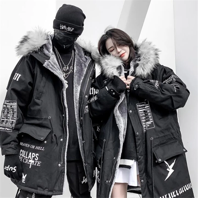 

The New Hip-hop Winter Coat Women Long Fur Collar Warm Parka 2020 Street Style Oversize Couple Hooded Fleece Jacket Ladies Coat