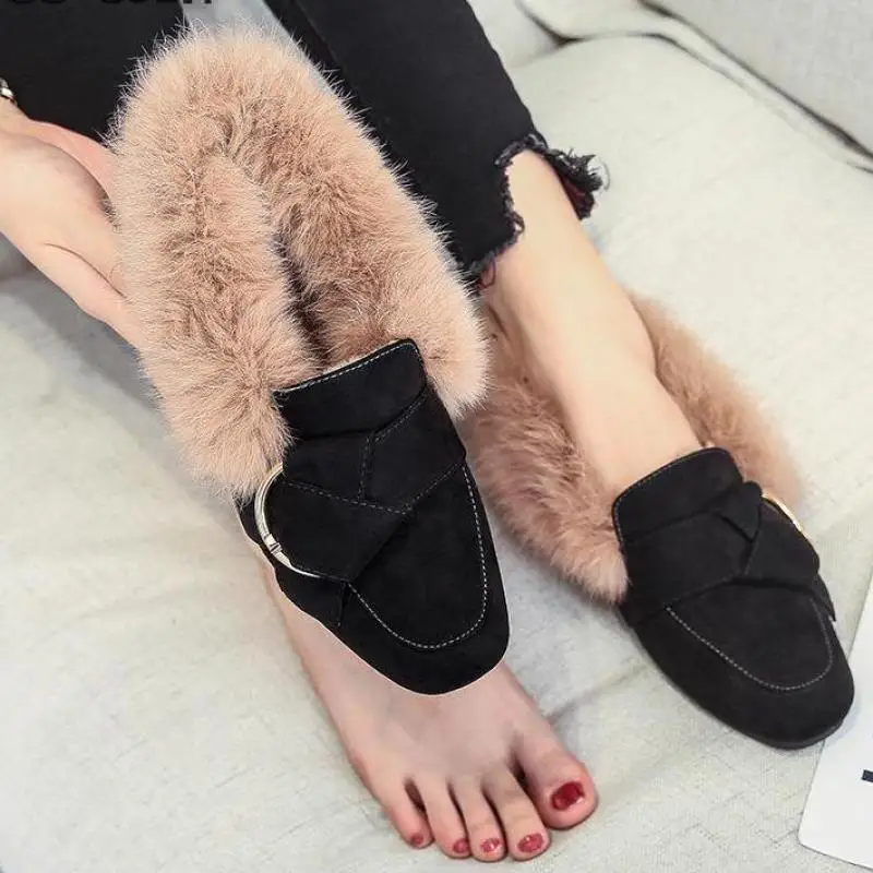 

Large Size Plush Loafers Shoes Women's Warm Fur Flats Winter Casual Lady Moccasins Real Fur Cotton Shoes Fashion Zapatos Mujer