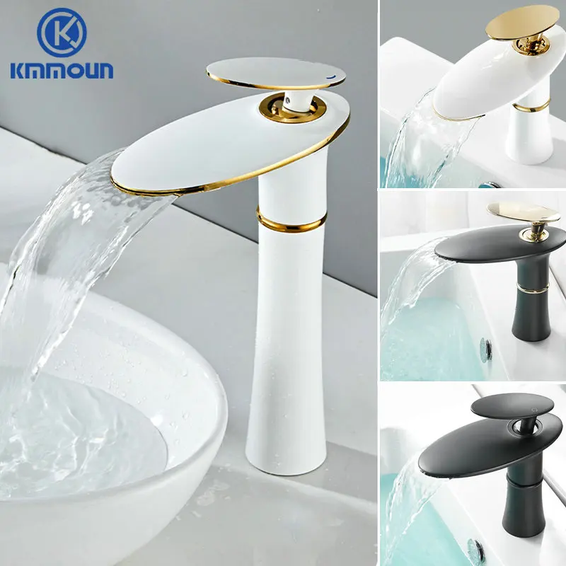 

Waterfall Basin Faucet White Gold Hot Cold Mixer Basin Sink Tap Brass Black High Bathroom Mixer Crane Home Hardware Faucet