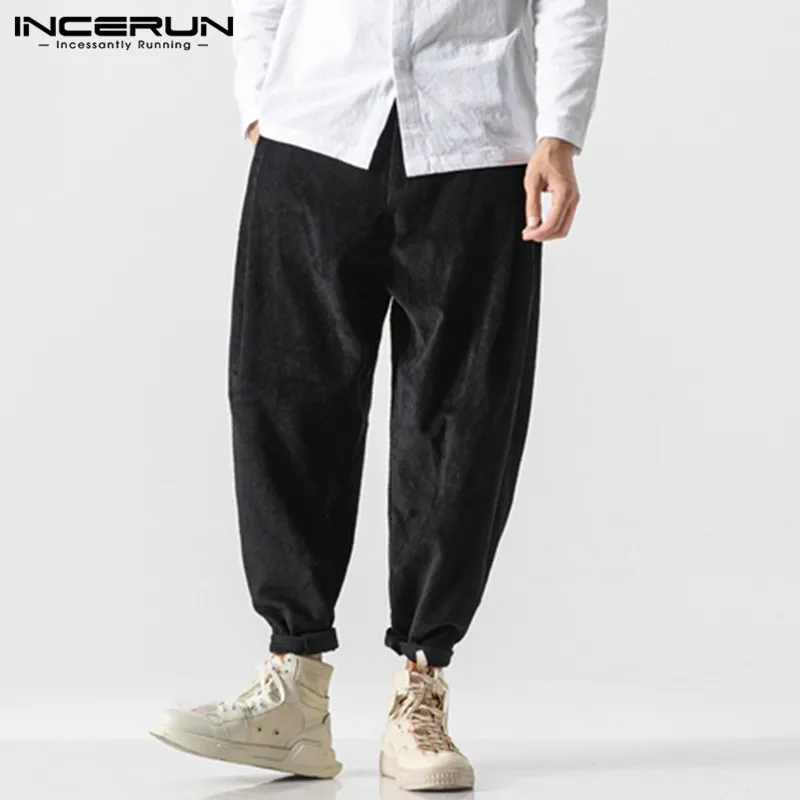 INCERUN, мужские одноцветные повседневные шаровары, модные мешковатые широкие брюки, удобные мужские вельветовые штаны в стиле хип-хоп