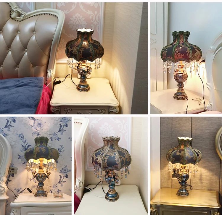 Классическая лампа синий резиновый прикроватный светильник для спальни Европейский Теплый Свадебный декор синий абажур с подвеска-бусы настольная лампа