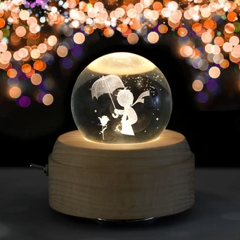 

Moon Crystal Ball Wooden Luminous Music Box Music Box Rotary Innovative Birthday Gift Hand Crank Music Box Mechanism Gift