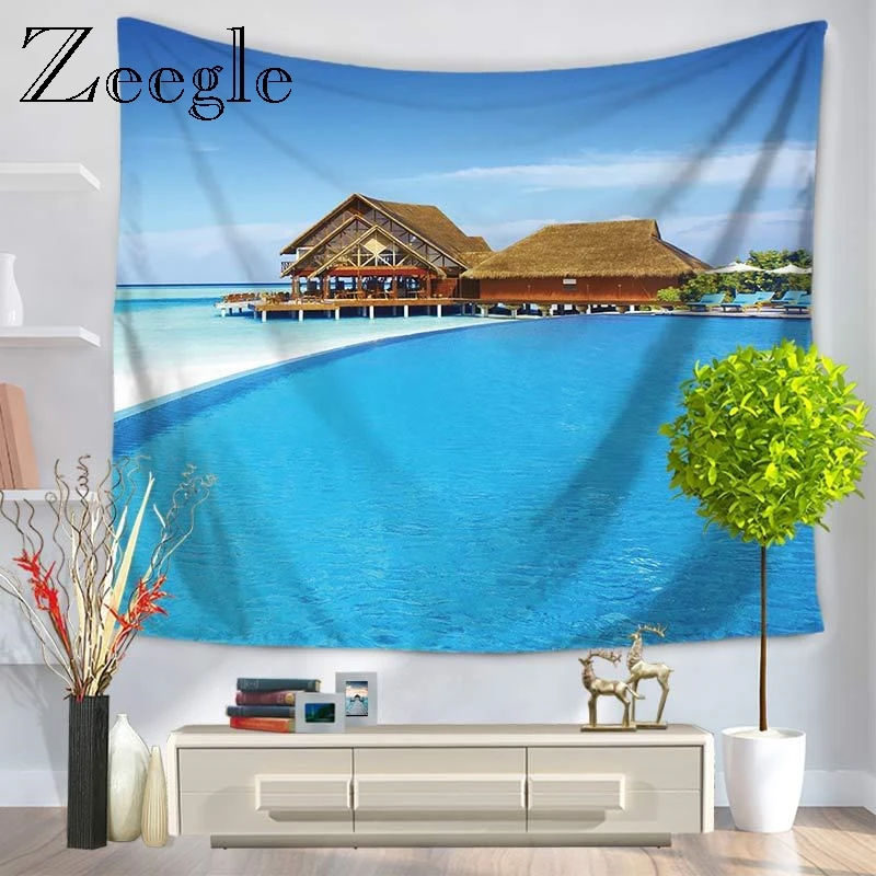 Zeegle Beach Scenic Polyester Printed Wall Tapstry Rectangle Indian Wall Hanging Printed Tapestry Wall Art
