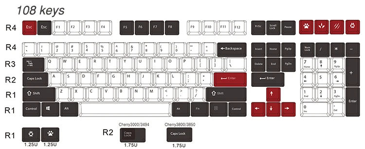 Черный/Красный 108 клавишей сублимируемый краситель клавишные колпачки из ПБТ для механической клавиатуры Cherry filco Ducky keycap Вишневый профиль только ключей - Цвет: Black Red White 108