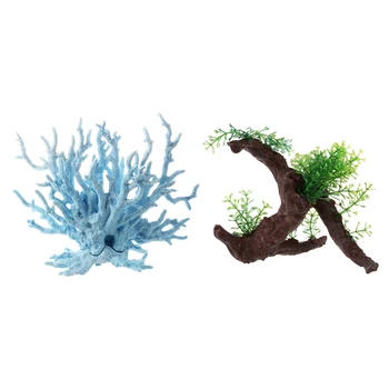 

Light Blue Artificial Plastic Coral Decor with Green Dark Brown Fish Tank Aquarium Driftwood Plastic Tree 5.7 Inch
